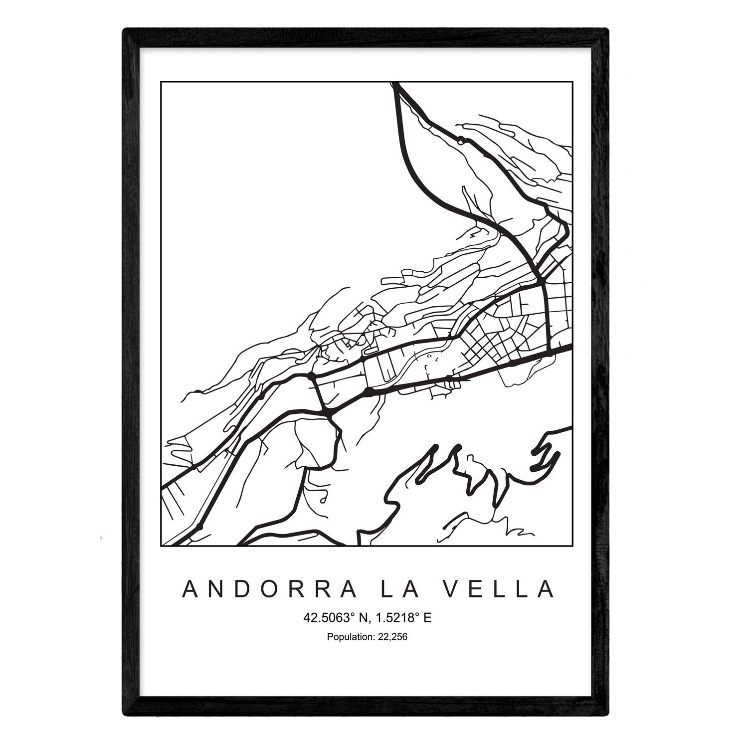 Nacnic Print city map Andorra la Vella Scandinavian style in black and white. A3 size,printed poster paper No 250 gr. Paintings, prints and posters for living room and bedroom