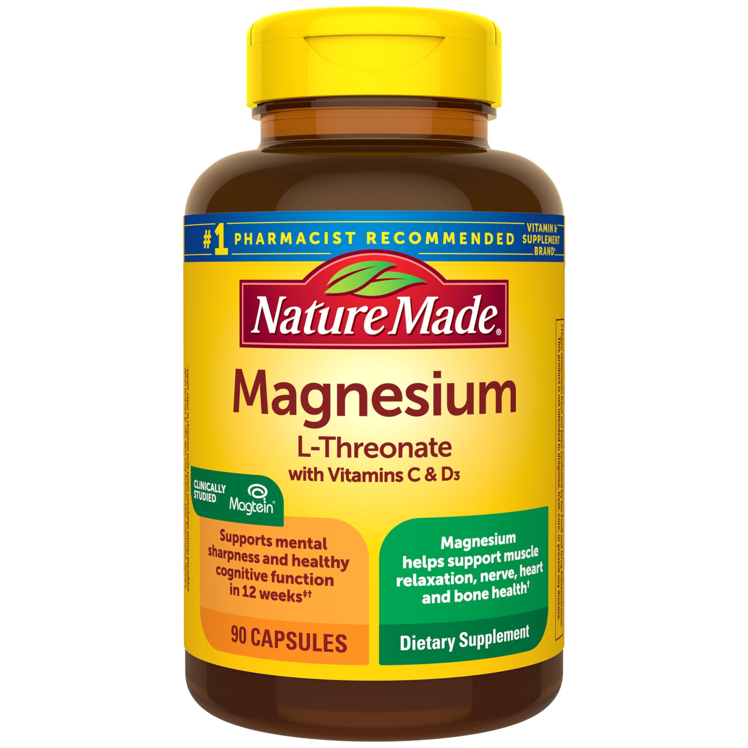 Nature Made Magnesium L-Threonate with Vitamin C & Vitamin D3, Provides 130 mg of Mag from 1800 mg Magnesium L Threonate, Cognitive Support Magnesium Supplement, 90 Capsules, 30 Day Supply Image