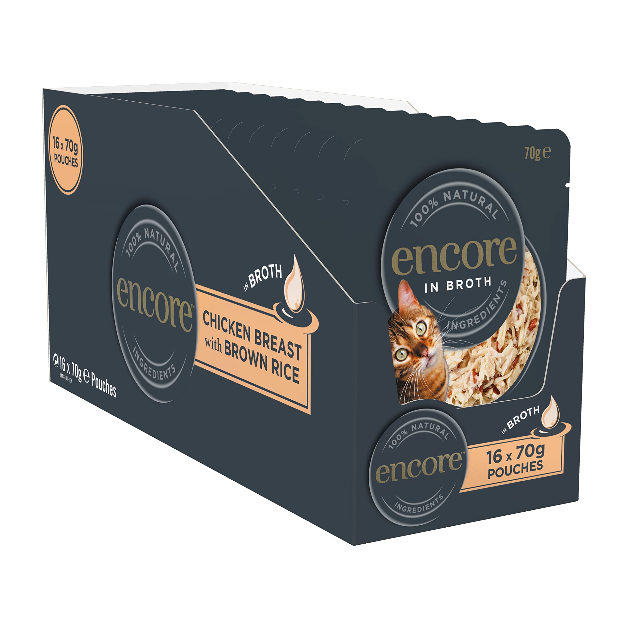 Encore 100 Percent Natural Cat Food, Pouch Chicken & Brown Rice in Broth 70g (16 x 70g Pouches)