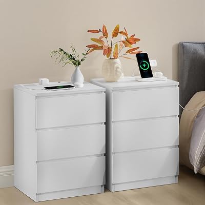 VASAGLE Kailyn Bedside Tables with Power Strip Cloud White LET831W15