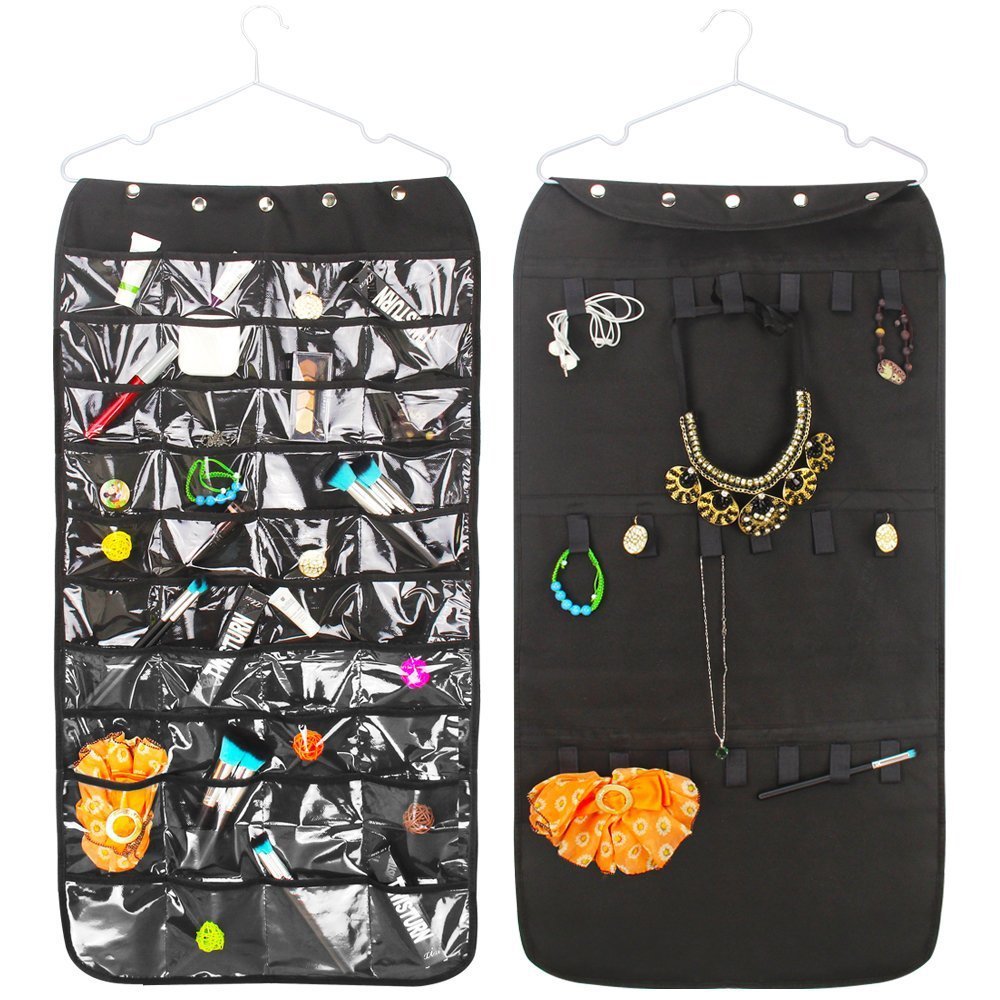 Dooppa Dual Sides 40 Pockets & 20 Hooks Hanging Jewellery Organiser Storage with Metal Hanger (Black)