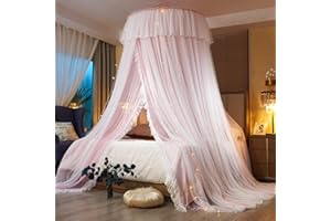 AIKASY Princess Bed Canopy for Girls & Adults, Elegant Double-Layer Bed Curtain, Children's Dream Round Lace Mosquito Net - Fits Twin, Full, Queen, and King Beds(Pink/White)