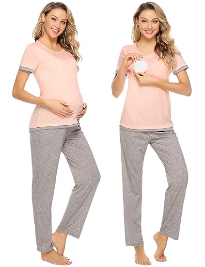 Aibrou Damen Stillpyjama Kurzarme Zweiteilige Umstandspyjama Set Stillshirt und Hose