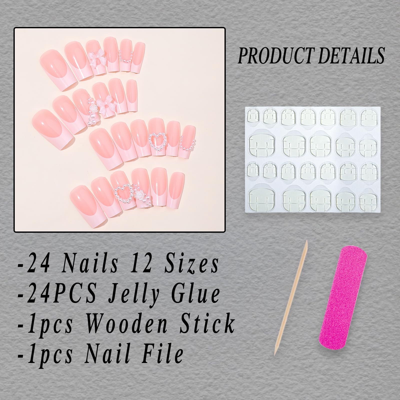 ROFIBUT French Tip Press on Nails Medium Square Fake Nails Glossy Full Cover Gel Glue on Nails with Pearls Design Luxury 3D Bow Rose Charms Coffin False Nails for Women Manicure Nail Decor 24Pcs - Image 5