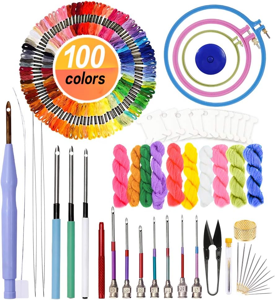 153 Pieces Embroidery Kit with 10 Pcs Colorful Punch Needles, Embroidery Pen, Embroidery Hoops, 100 Colors Embroidery Threads and 10 Colors Cashmere Thread, Cross Stitch Tools Kit for Beginners Sewing