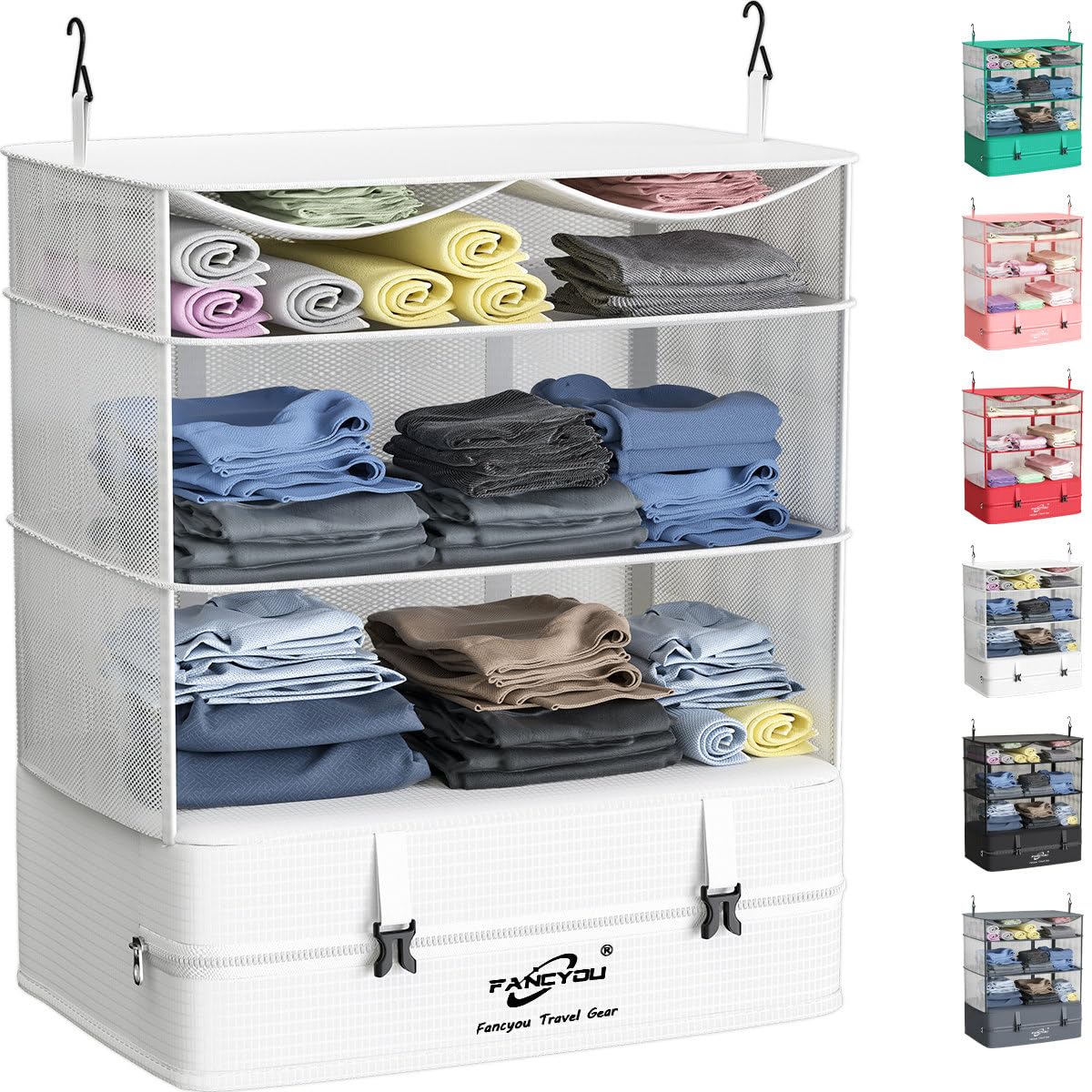 Photo 1 of FANCYOU Suitcase Organizer Hanging Packing Cubes Portable Closet Shelves Compressive Travel Luggage Essentials 17"x12"x24" 3 Shelves & 1 Closet Extendable Organizer (White)