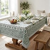 NIRVELLA Handcrafted Hand Block Print Tablecloth 6 Seater Rectangle 60x90 Inch - Floral Canvas Cotton - Fall & Holiday Dinner Collection - Washable Reusable Sustainable Gift-Boxed - Green & White
