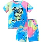 mksodop Girls clothse tie-dye short sleeves and fashion printed T-shirt and tie-dye shorts girls summer outfits