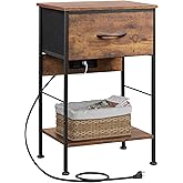 WLIVE Night Stand with Charging Station, Small Nightstand with Fabric Drawer and Open Shelf, 25" H Bedside Table for Bedroom, 2-Tier Storage End Tables, Dresser for Dorm, Entryway, Rustic Brown