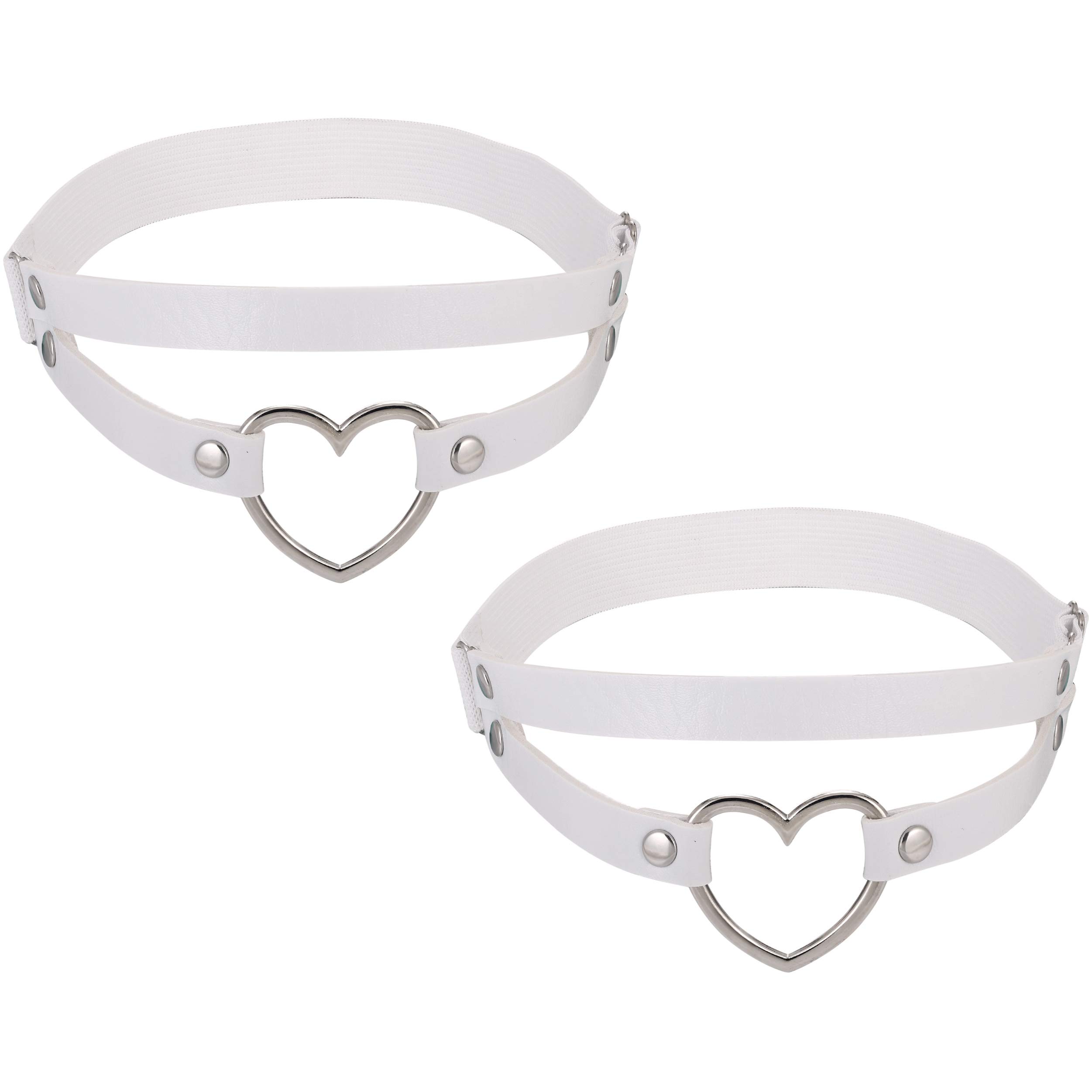 Photo 1 of FM FM42 White PU Simulated Leather Women's Gothic Double Straps Heart O Ring Leg Thigh Elastic Garter Belt, One Pair