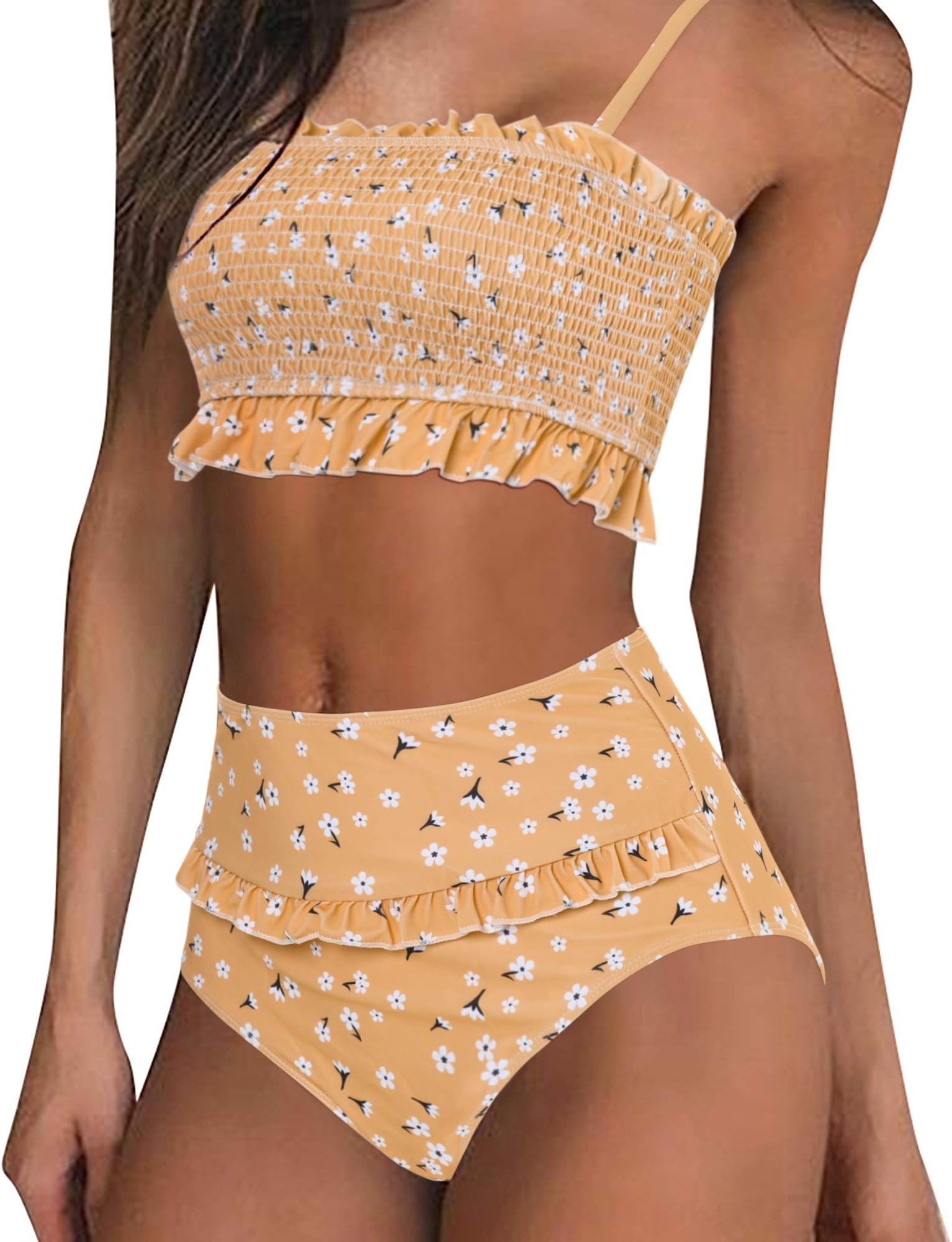 Women's Shirred Bandeau Bikini Top High Waisted Bottom 2 Piece Swimsuits Bikini Set