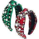 Villorem Christmas Headband for Women Rhinestone Crystal Jeweled Pearl Knotted Headband Fashion Ladies Wide Top Knot Hair Bands Holiday Outfits Gifts (2 Pack Red and Green Plaid)