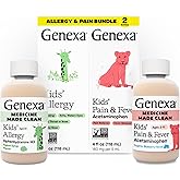Genexa Kids' Clean Allergy & Acetaminophen Medicine Combo, Dye Free, 0% Artificial Additives, Childrens Antihistamine & Pain Reliever Fever Reducer, Ages 6-11, Organic Agave & Blueberry (2 Pack)