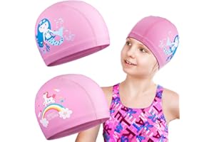 2 Pieces Swimming Cap Kids, Swim Cap Kids Long Hair, Waterproof Polyester Bonnet De Bain for Kids, Cartoon Mermaid Unicorn Ki