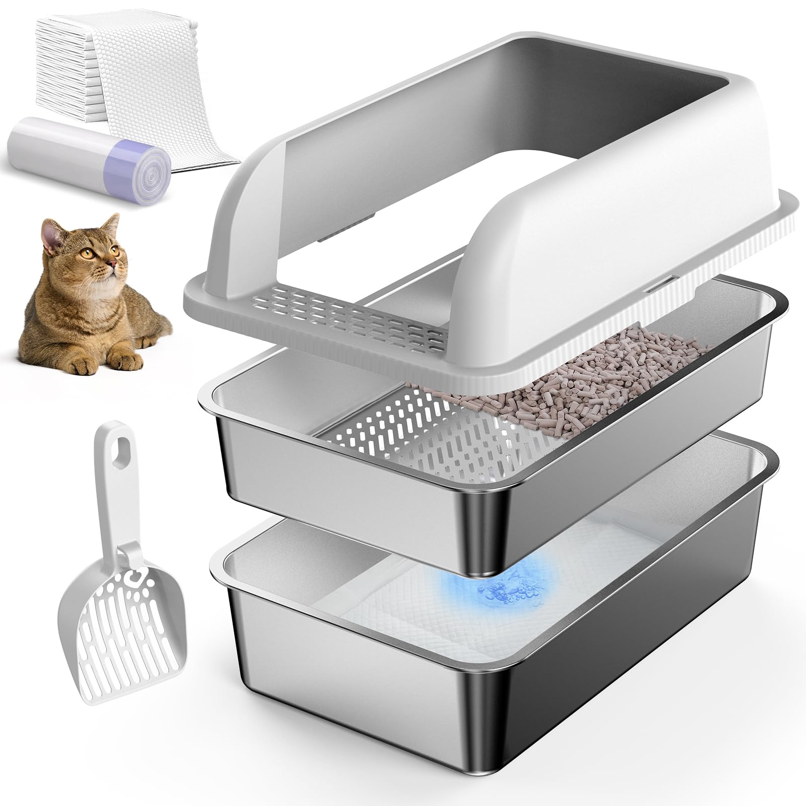 Photo 1 of 23.6''x16''x12'' Enclosed Stainless Steel Litter Box with Lid, XL Sifting Litter Box for Pine Pellets, High Sides Metal Litter Box System for Big Cats, Anti-Leakage, Easy Cleaning, Less Tracking