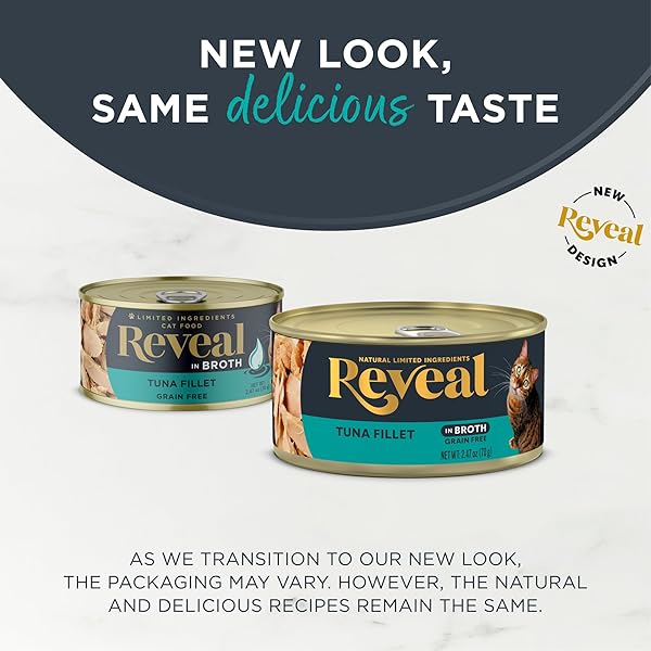 REVEAL NATURAL WET CAT FOOD, 24 COUNT, GRAIN FREE, LIMITED INGREDIENT CANNED FOOD FOR CATS, TUNA FILLET IN BROTH, 2.47 OZ CANS