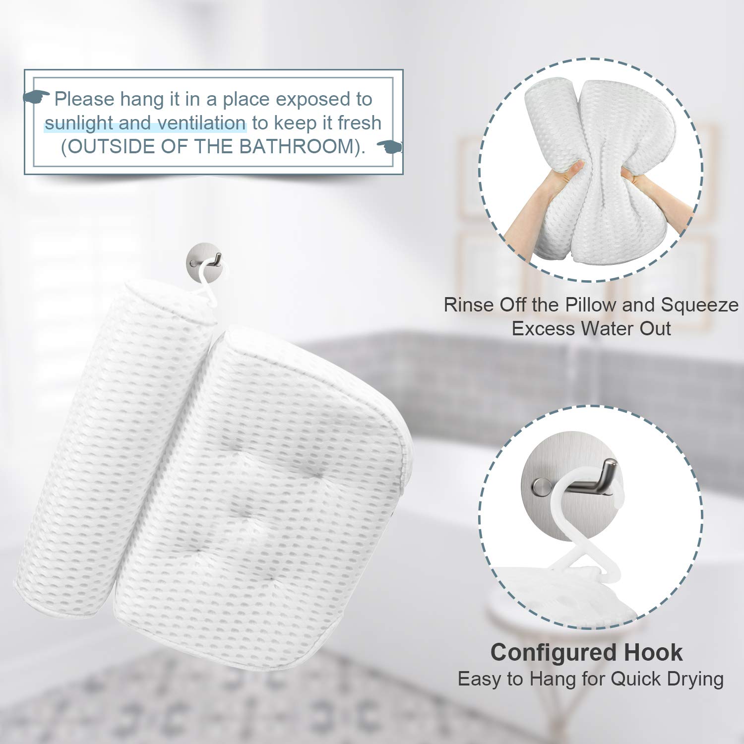Bath Pillow Bathtub Pillow - Bath Pillows for Tub with Neck, Head, Shoulder and Back Support - 4D Air Mesh Spa Pillow for Bath - Extra Thick, Soft and Quick Dry : Beauty