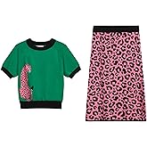 OXKNIT Women's Knitted Vest Skirt Sets, 1960s Mod Style Retro Leopard Green T-shirt Pink A-Shape Skirt 2 Piece Sets Summer