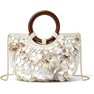 Shell Beaded Purse for Women, Seashell Clutch Bag with Wooden Handle | THYVELL natural shell statement bag for beach weddings