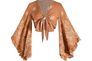 BEAUDRM Women's Boho Tops Western Country Concert Outfits Tie Front Long Bell Sleeve Tops 70s Hippie Disco Clothes