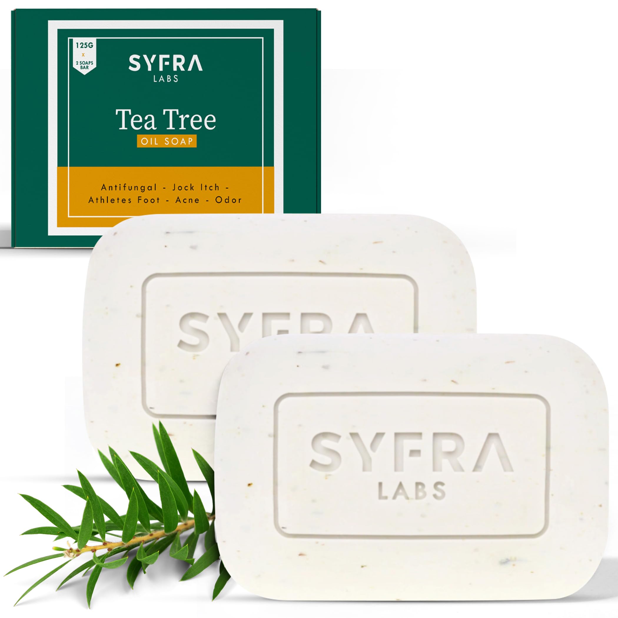 SYFRA LABS Tea Tree Oil Soap Bar - Natural Soap for Face & Body, Antibacterial Soap for Acne, Athlete's Foot, Folliculitis, Ringworm, Jock Itch - Antifungal & Antibacterial Properties