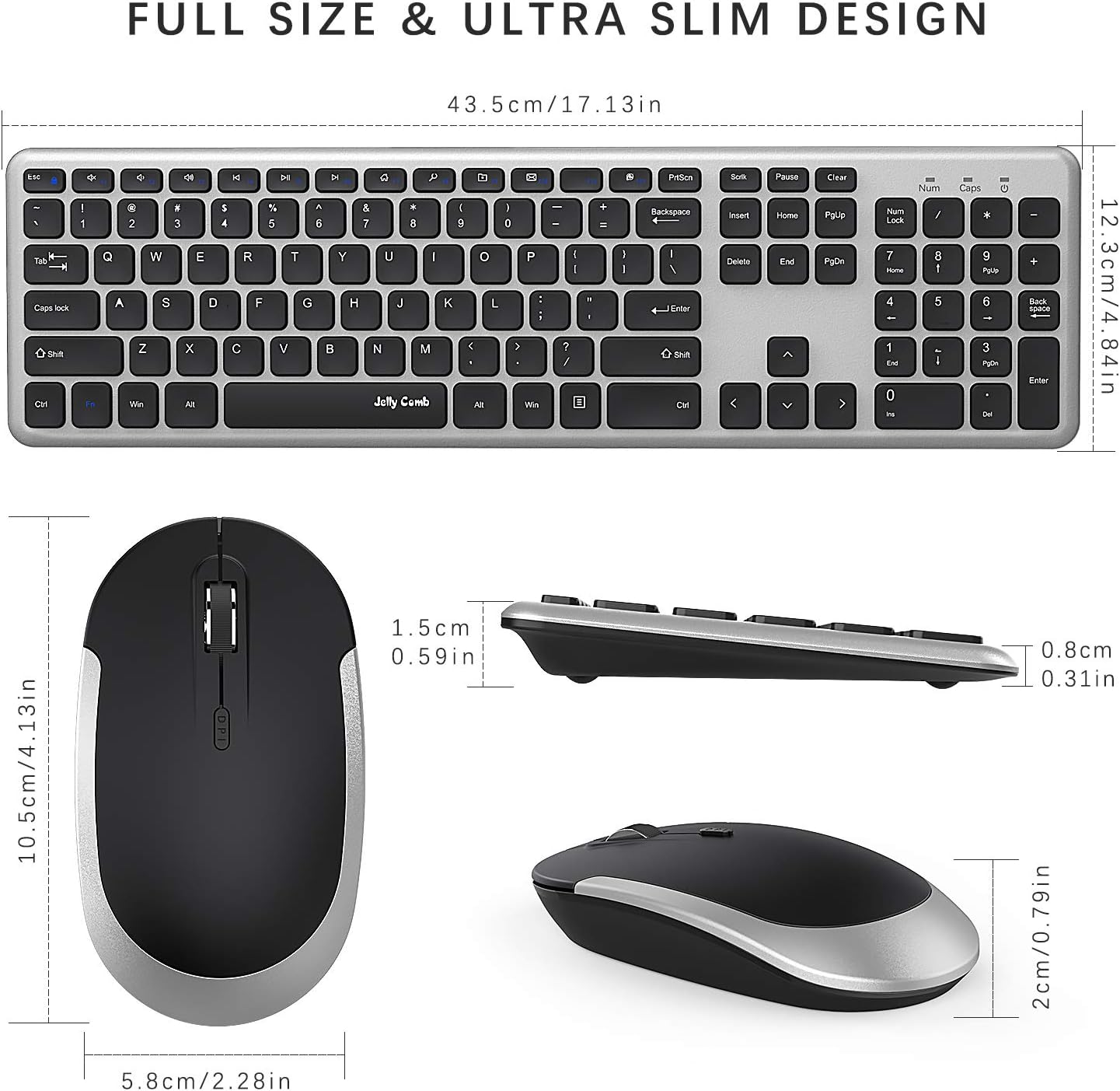 Wireless Keyboard and Mouse, Jelly Comb 2.4GHz Ultra Thin Full Size Wireless Keyboard Mouse Combo Set with Number Pad for Computer, Laptop, PC, Desktop, Notebook, Windows 7, 8, 10 (Black and Silver): Computers & Accessories