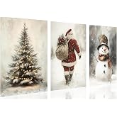 Vintage Santa Claus Snowman and Christmas Tree Canvas Wall Art Pictures Set of 3 Holiday Farmhouse Christmas Decorations Snowy Winter Landscape Painting Prints Poster Decor 8x12inch Unframed