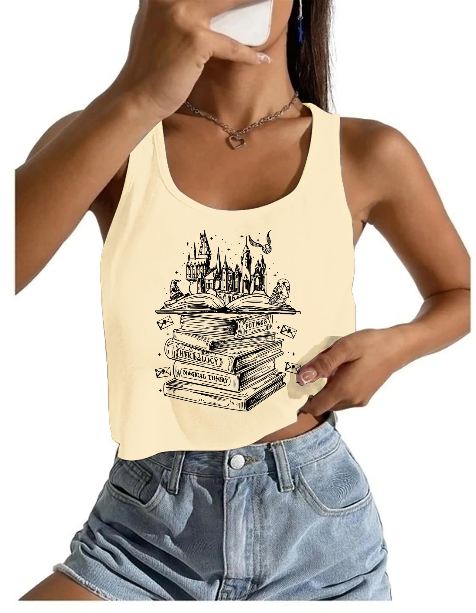 Photo 1 of Tewmeu Cropped Flourish and Blotts Tank Tops Cute Book Graphic Crop Tops for Women Wizard Magical Vest Clothes
