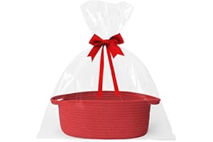 WILLITAT Small Baskets for Gifts Empty, 13"x 9"x 5" Woven Gift Basket with Bag and Ribbon, Cotton Rope Kids Dog Cat Toy Bin Box, Cute Baby Nursery Organizer, Decorative Storage with Handles, Red