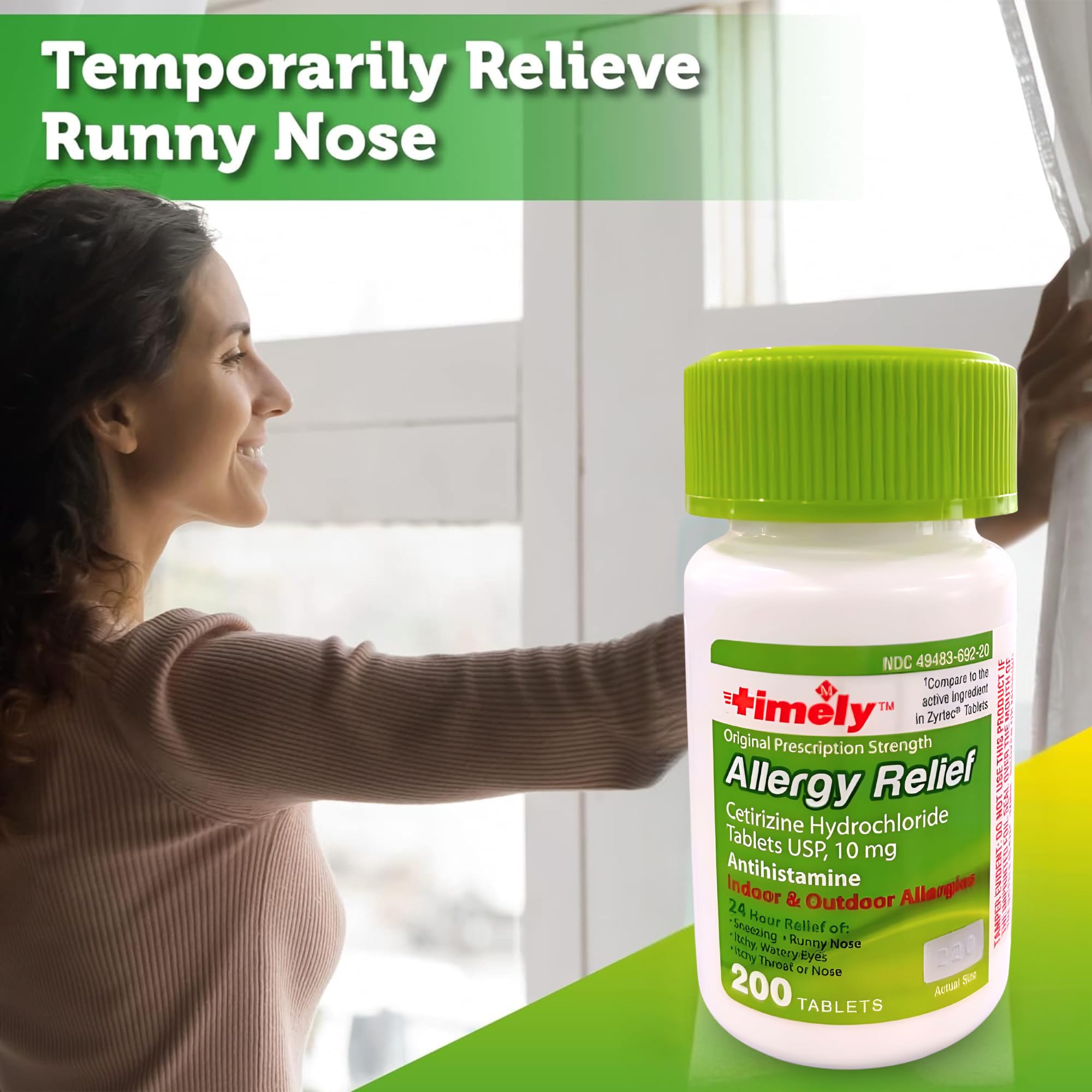 TIME-CAP LABS, INC. Timely Cetirizine HCl 10 Mg 200 Tablets - 24 Hour Allergy Relief from Sneezing, Runny Nose, Itchy Watery Eyes, Itchy Throat, Nose - Indoor and Outdoor Allergy Medicince
