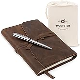 moonster Leather Journal Refillable Notebook - Writing Journals for Women, Mens Journal Leather Notebook Cover with Pen - Leather Bound Lined Paper A5 Travelers Diary - Travel Journal for Writing
