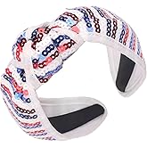 4th of July Knotted Headbands for Women Girls Fourth of July Headband Red White and Blue Sequin Patriotic Hairband Sparkly American Flag USA Independence Day Head Band Hair Accessories Fashion Gifts