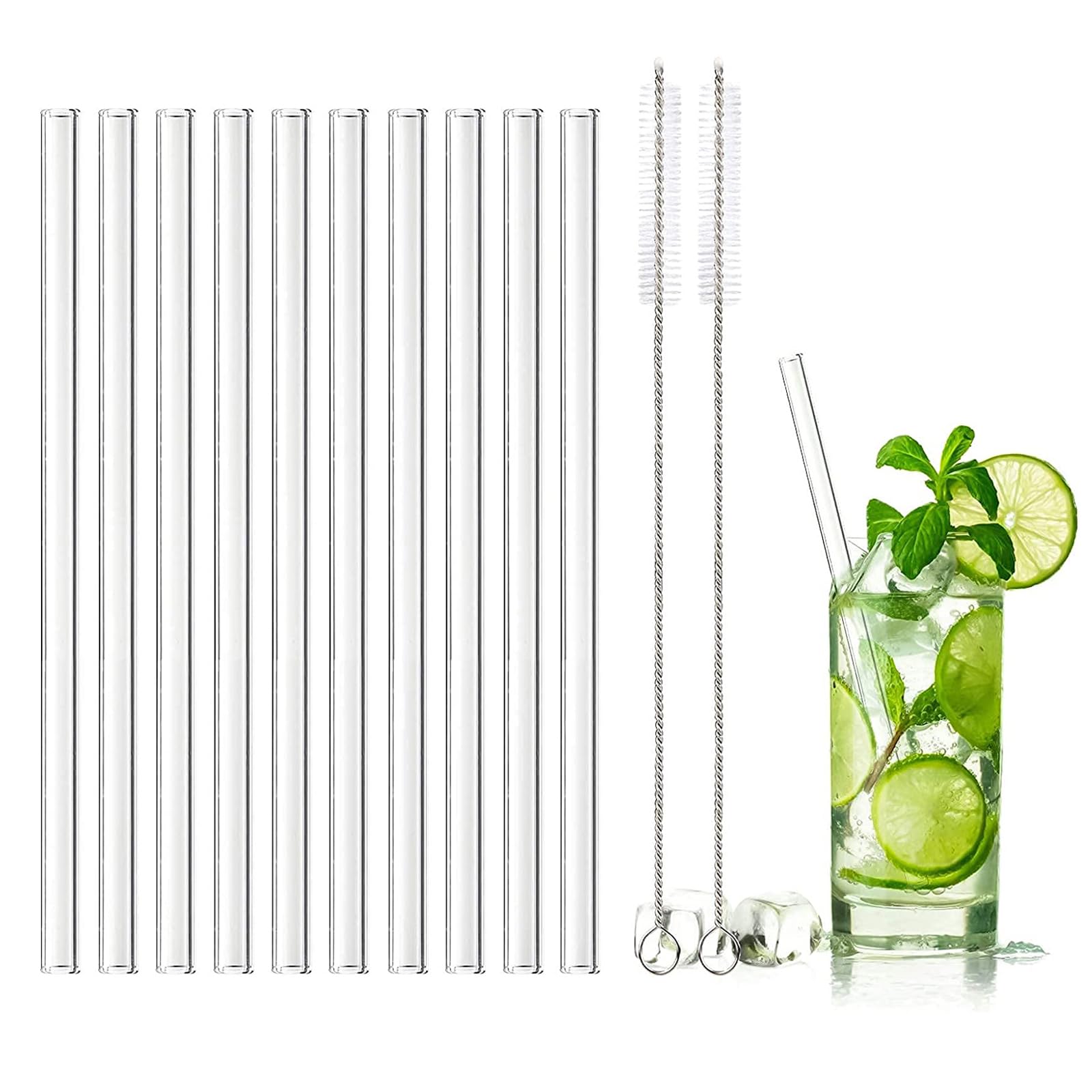 DONQL 10 Pcs Glass Straws Reusable Glass Straw Drinking Straws with 20cm Length Eco Friendly with 2 Cleaning Brushes Transparent Clear Straws Perfect for Milk Coffee Coctail (Straight)