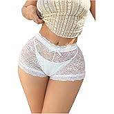 OYOANGLE Women's Floral Lace See Through Shorts Elastic Waist Bow Knot Y2k Going Out Shorts