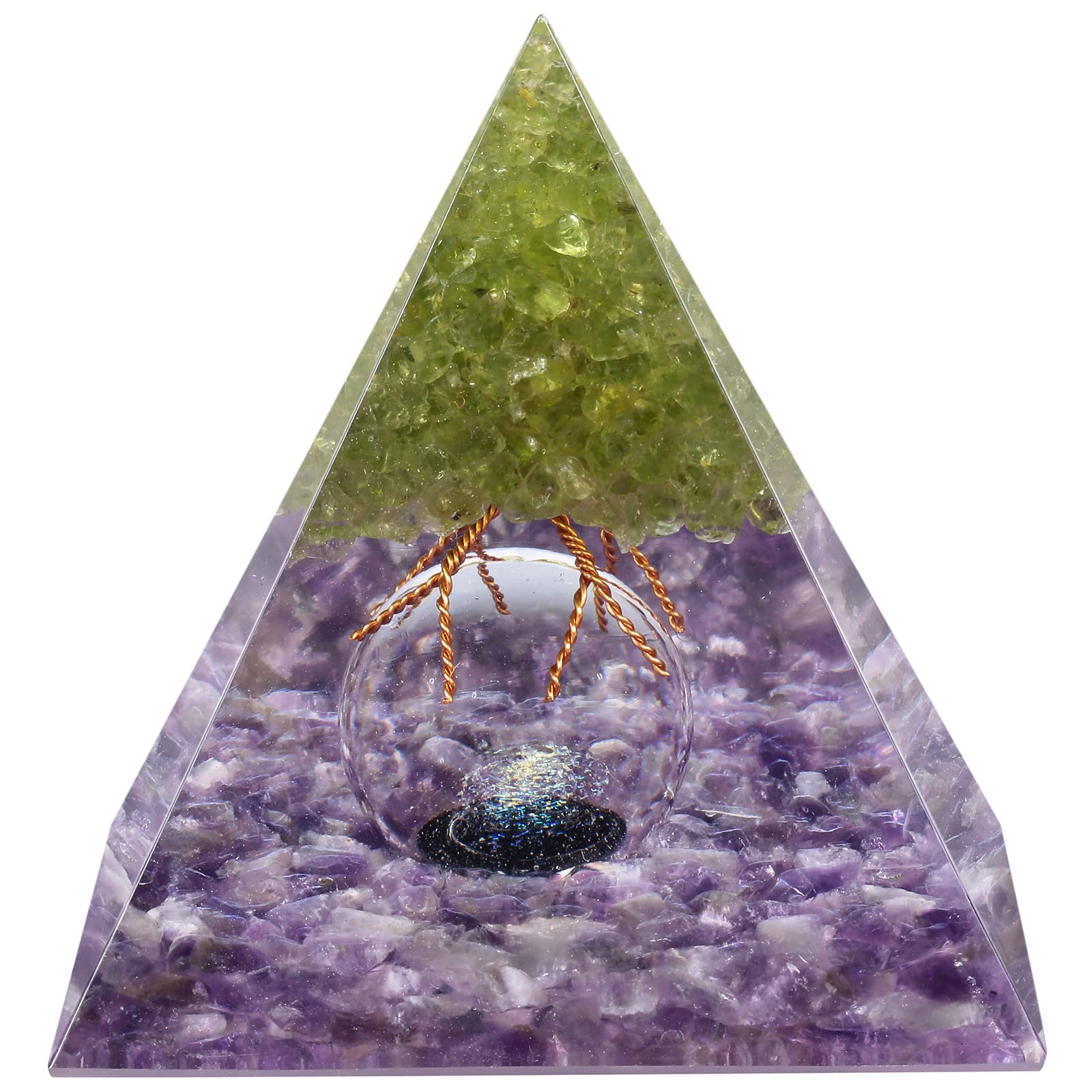 Nupuyai Peridot Tree of Life Amethyst Crystal Piramid with Glass Crystal Ball, Spiritual Healing Stone Pyramid Quartz Point Ornament for Protection Home Decor