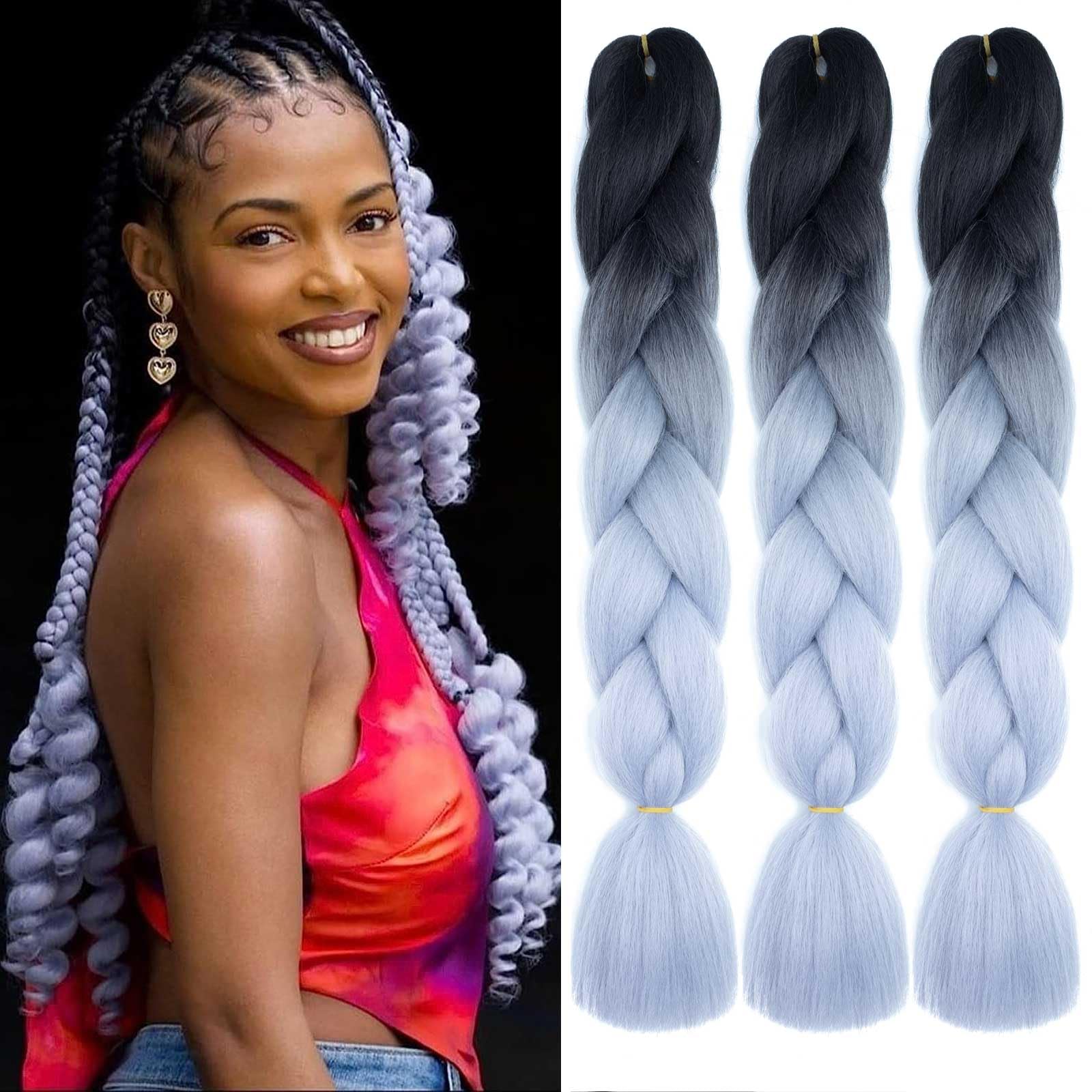 Xtrend 24 Inch 3 Packs Ombre Jumbo Braiding Hair Synthetic Ombre Braiding Hair High Temperature Synthetic Crochet Braids Hair Extensions for Women(3Packs,Ombre Grey#) โ image 1