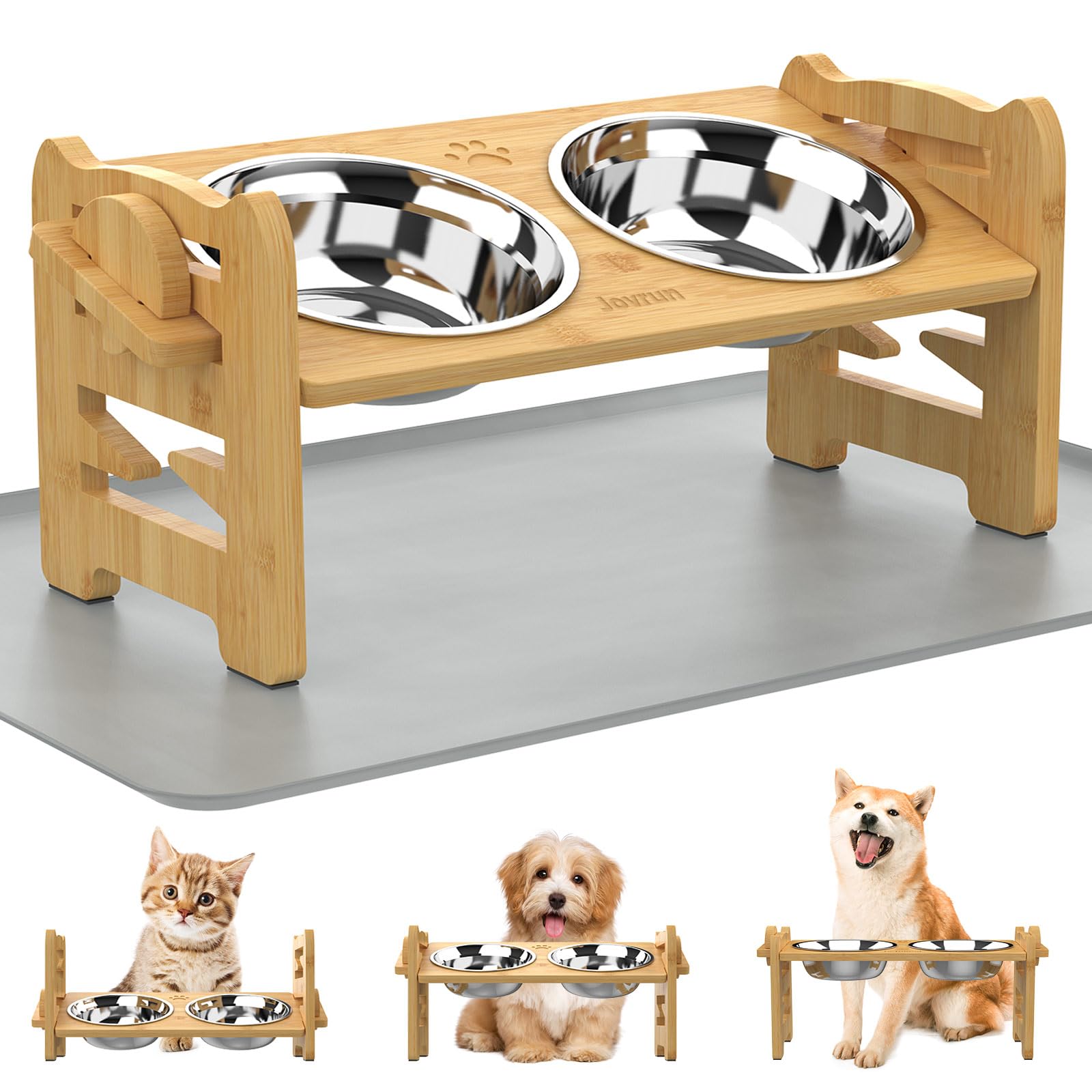 Photo 1 of Jovrun Elevated Dog Bowls, Adjustable Raised Dog Bowl Stand for Small Size Dogs and Cats, Durable Bamboo Dogs Feeder with 2 Stainless Steel Bowls and Non-Slip Feet, Pet Food Bowl with Mat