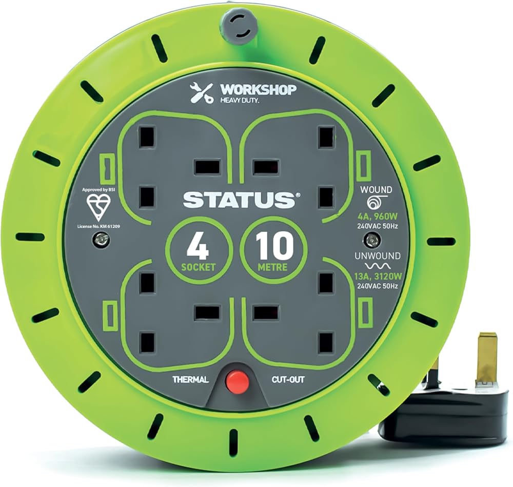 Status 4 Socket Cable Reel 10m Green 13A Heavy Duty Outdoor Extension Lead