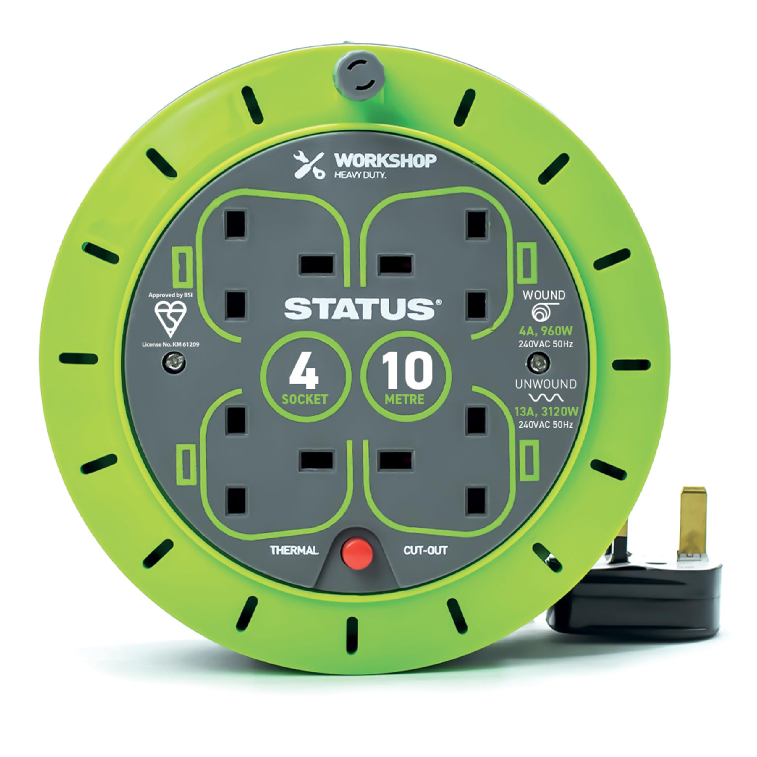STATUS 4 Socket Cable Reel, 10m, Green, 13 Amp, Heavy Duty, Outdoor Extension Lead, Ideal for Garden, DIY, Workshop, Power Tools, Home Use (S13A4SKT10MCR6)