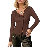 COCCKO Cardigan Sweaters for Women 2026 Asymmetrical Button Up Long Sleeve Shirts Ribbed Crop Tops Spring Fashion Outfits