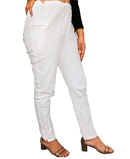 Handcrafted Lucknow Chikankari Womens Cotton Stretchable Cigarette Pant