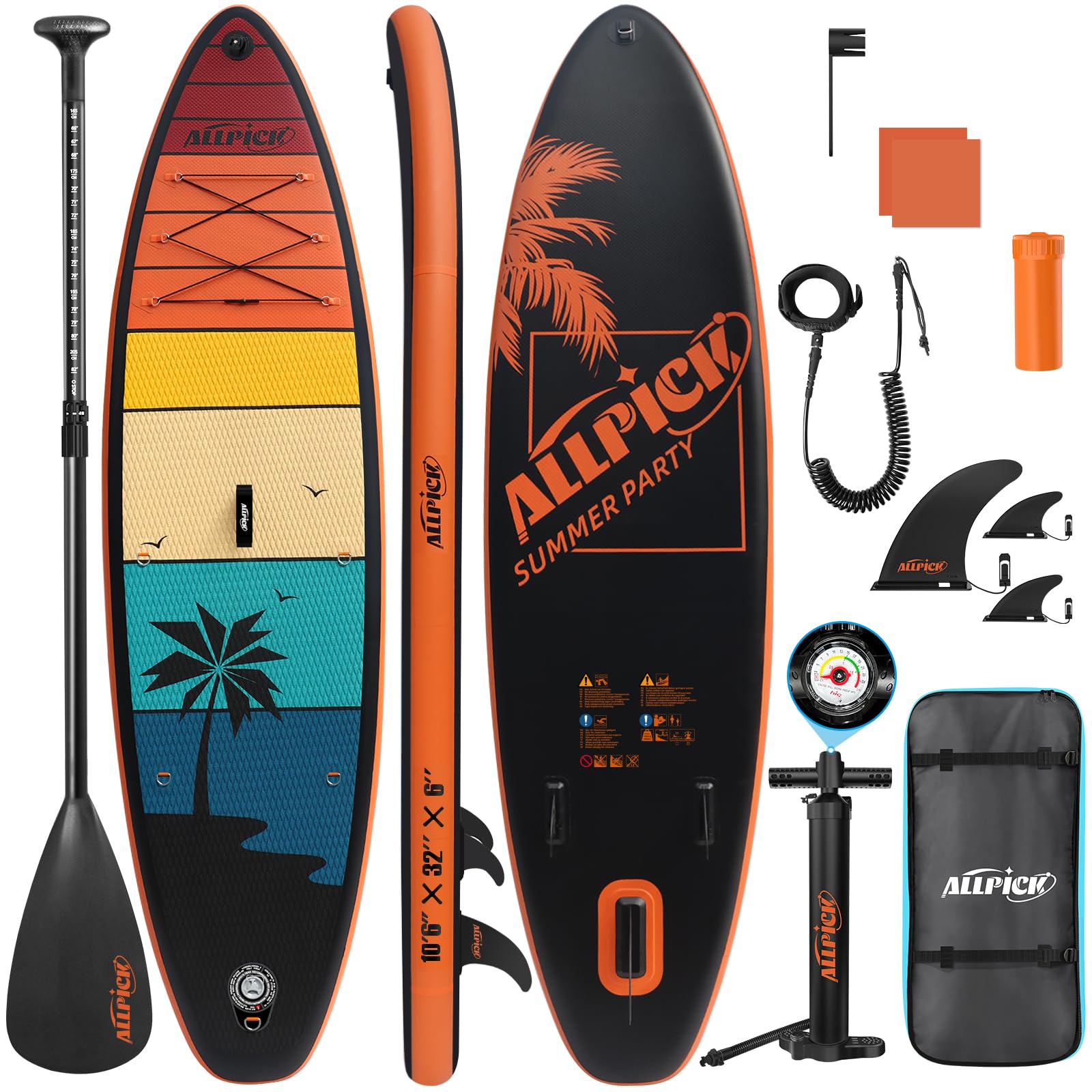 ALLPICK Premium SUP Board Set, Stand Up Paddling Board Aufblasbar, Mit Universal Kamerahalterung, Komplettes Zubehör, Verstellbares Paddel, Anfänger und Fortgeschrittene, 150kg/180kg, OrangeAbendröte
