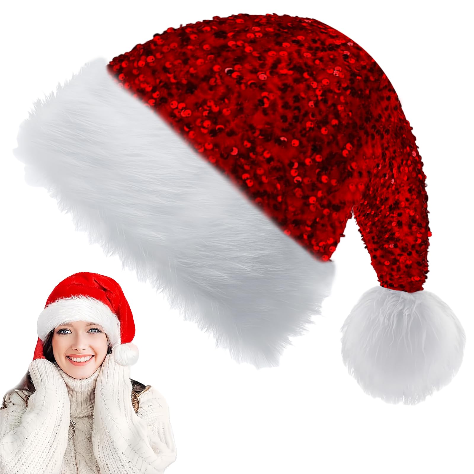 Red Sequin Santa Hat Christmas Hat for Kids,Adults,30*45cm Luxury Xmas Hat Plush Santa Claus Hat,Unisex Christmas Party Hat,Father Christmas Hat Costume Gifts for Women,Men Xmas New Year Party Hat