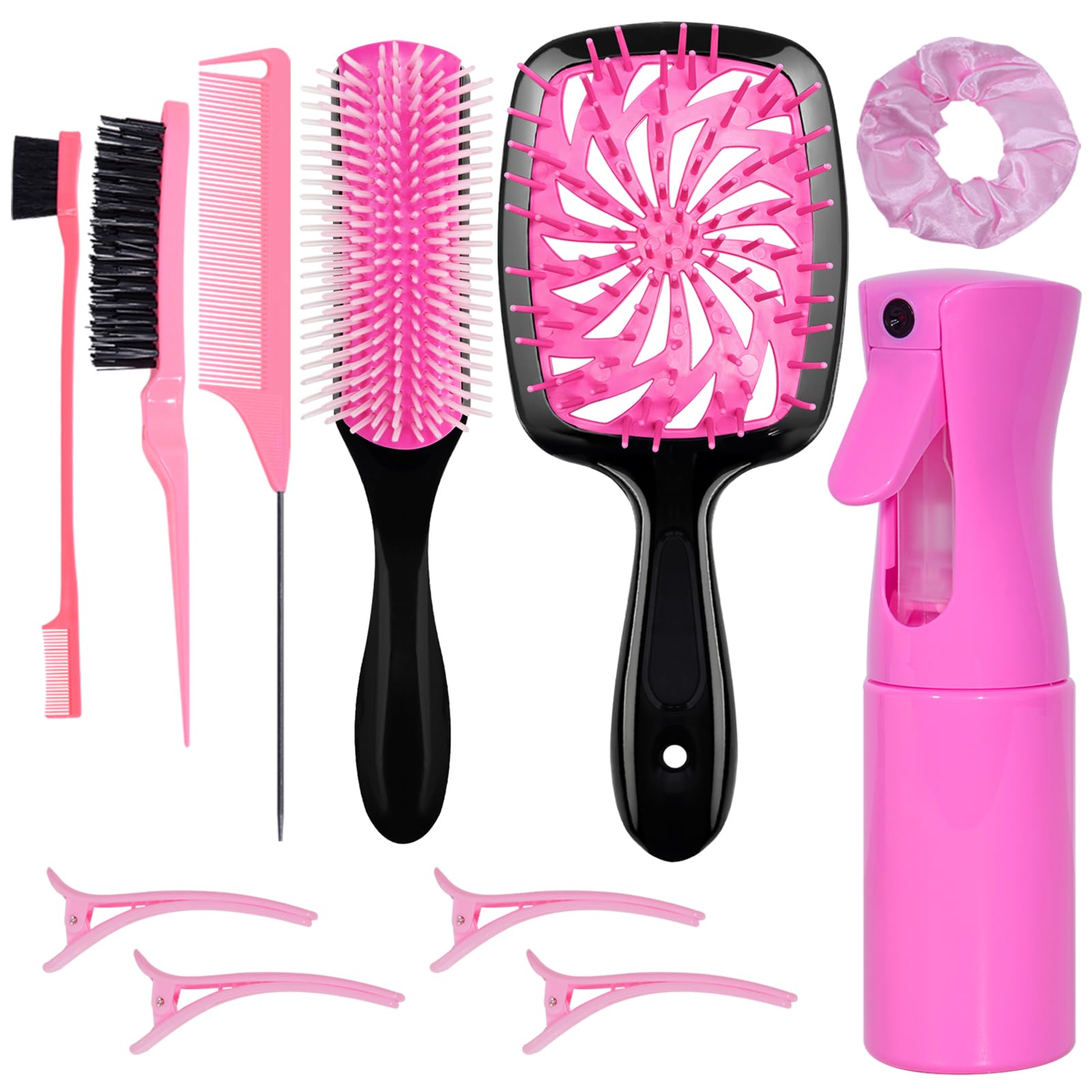 11-Piece Hair Brush Set with Detangling Brush and Hair Spray Bottle, Pink
