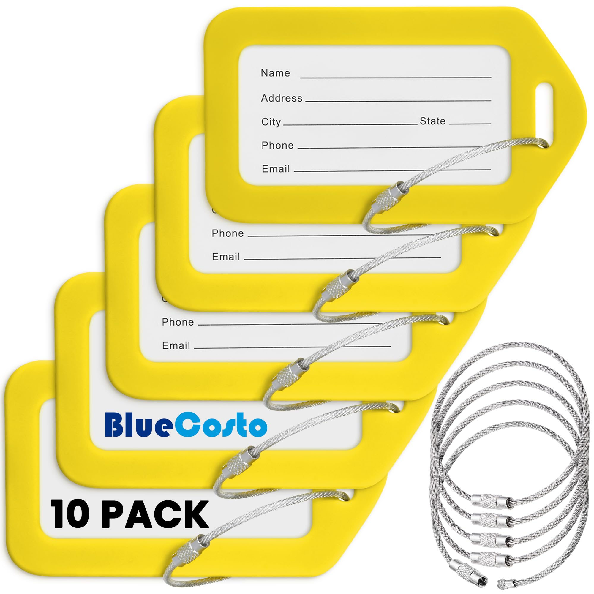 BlueCosto Luggage Tags (Small, Yellow, 10 PK) - Suitcase Tags w/Name ID Card & Heavy-Duty Metal Wire Loops - Bright Coloured PVC Tags for Travel Baggage - Backpack Name Labels