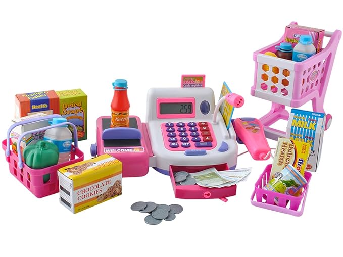 Iso Trade Registrierkasse XXL Set Kinder Spielgeld Produkte Scanner Korb Wagen Spielzeug 4512