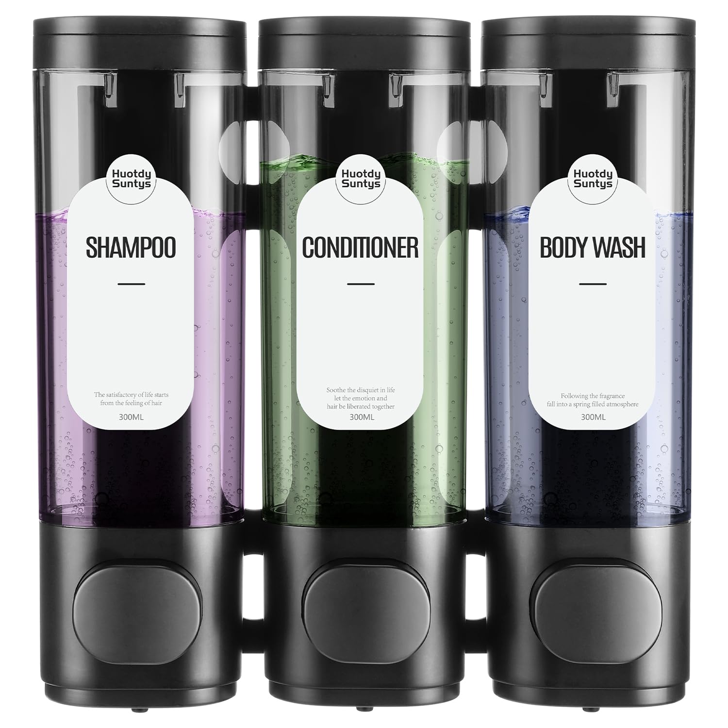 Photo 1 of Huotdy Suntys Shampoo and Conditioner Dispenser 3 Chamber No Drill – 300ml Each Container, Wall-Mounted Shower Soap Body Wash Dispenser for Bathroom, Toilet, Hotel & Kitchen (Black)