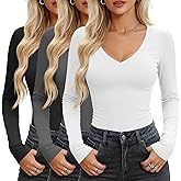 Huukeay 3 Pack Women's V Neck Long Sleeve Shirts Layering Undershirts Slim Fit Ladies Tops Underscrub Basic Tees