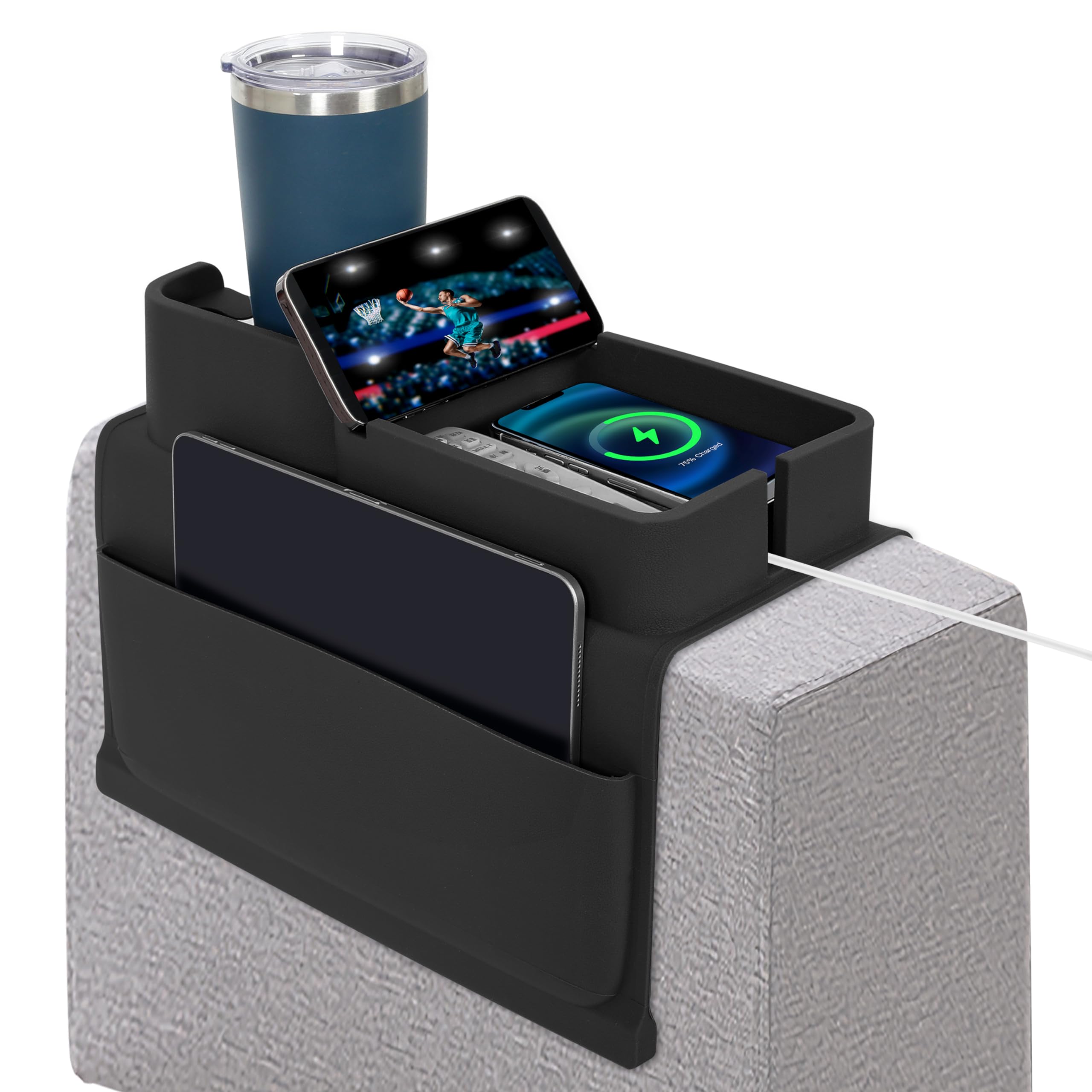 ROLIZOE 5 In 1 Silicone Sofa Arm Tray with Large Capacity Dual Side Pockets Phone Holder Weighted Sofa Armrest Organiser Anti-Slip Couch Cup Holder Armrest Tray for Tablet Remote Control Snack, Black