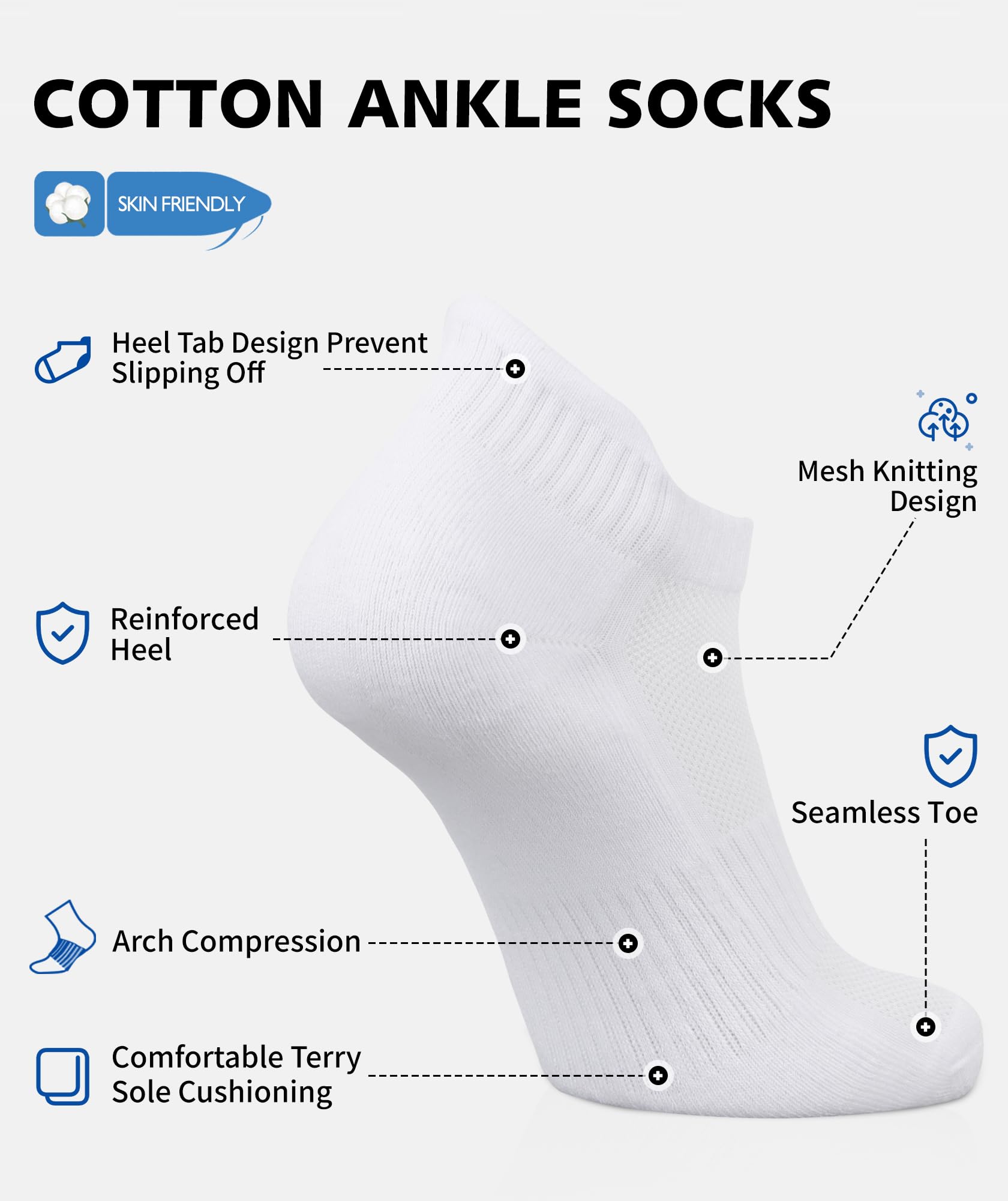CLOSEMATE 7 Paar Sneaker Socken Herren Damen Kurze Gepolsterte Laufsocken Sportsocken aus Baumwolle Atmungsaktive Sneakersocken Running Ankle Socks Weiße 43-46 L 4